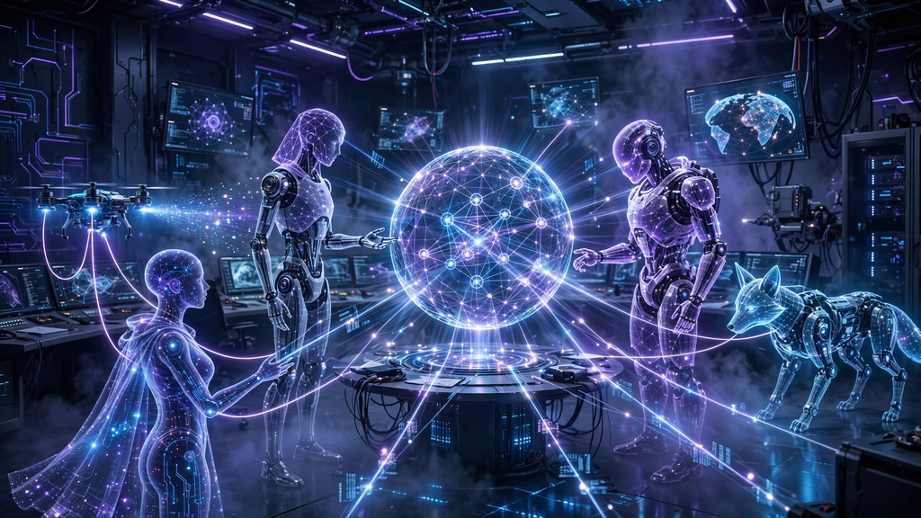 Sistema com vários agentes de IA colaborando em rede, múltiplos avatares holográficos conectados por linhas de luz em centro de controle tecnológico azul e roxo