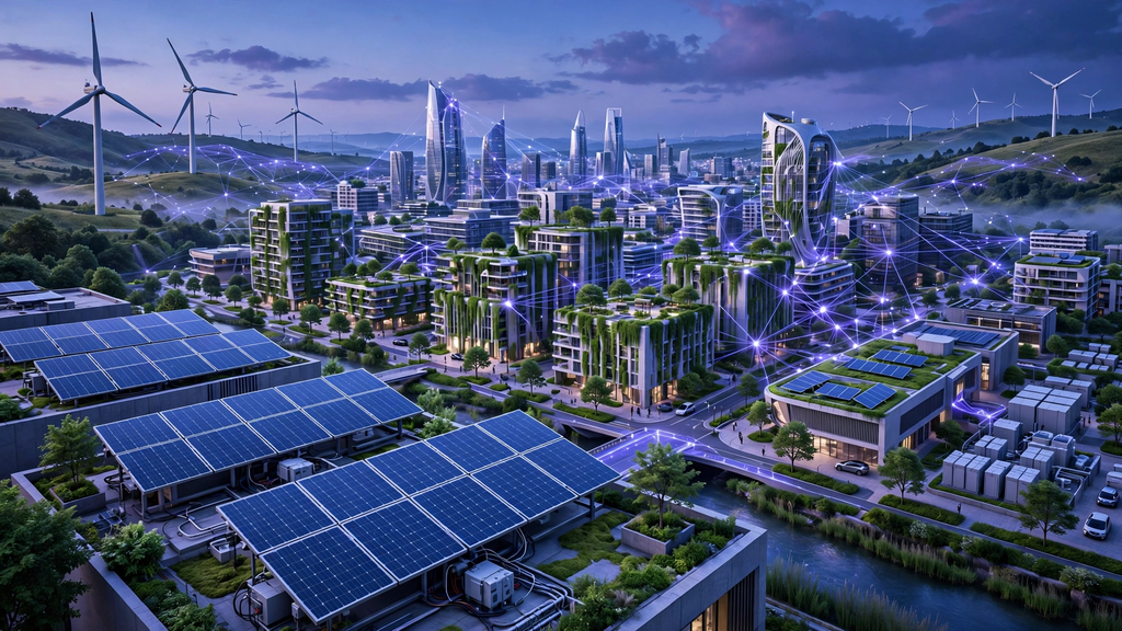 Tecnologia sustentável com cidade inteligente, turbinas eólicas e painéis solares integrados a rede de energia limpa em ambiente futurista