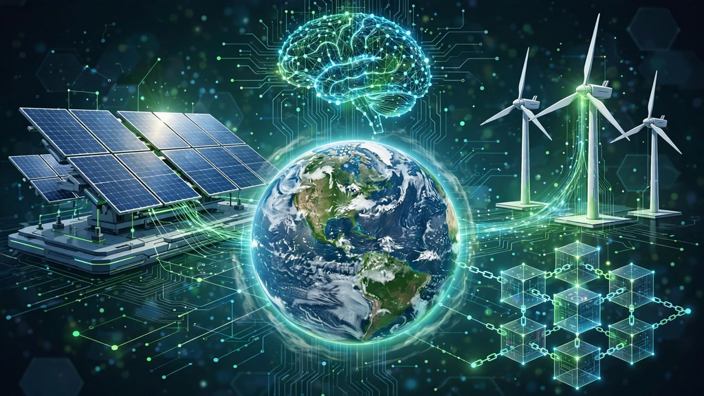 Ilustração de tecnologia verde com energia limpa e soluções digitais