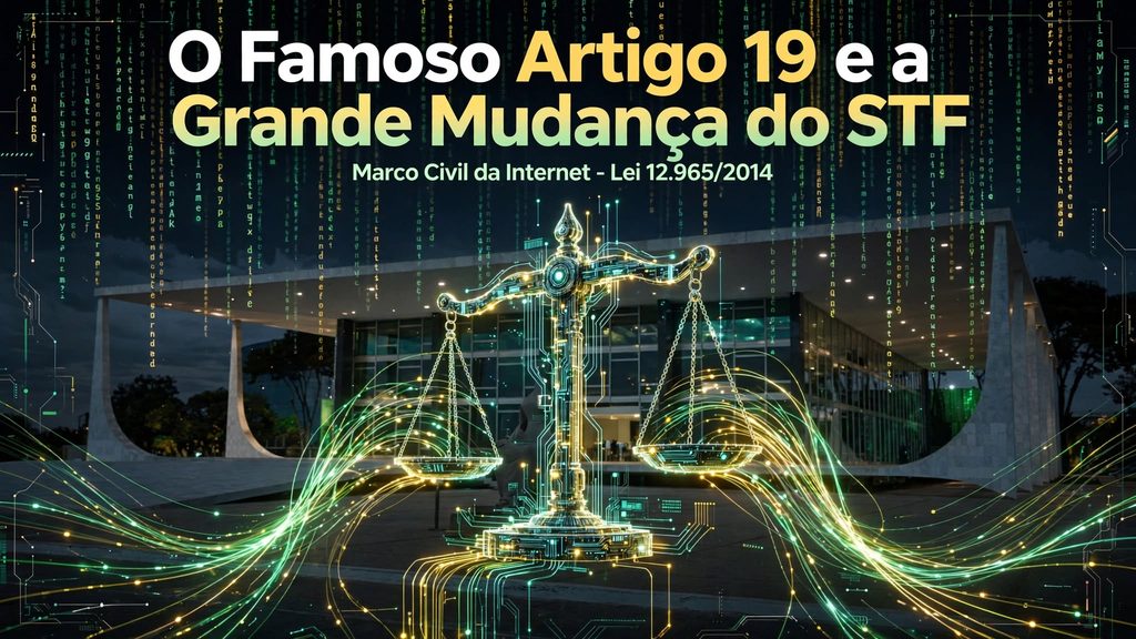 Balança da justiça cibernética em frente ao prédio do STF com luzes digitais em verde e amarelo representando a mudança do Artigo 19 do Marco Civil da Internet Lei 12.965/2014 decidida pelo Supremo Tribunal Federal