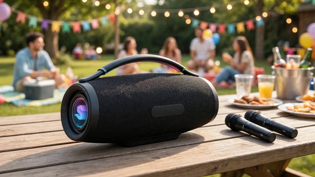 Caixa de som potente portátil Imenso X69A de 500W RMS posicionada sobre uma mesa de madeira em uma festa ao ar livre, mostrando as luzes LED RGB coloridas acesas e os dois microfones sem fio ao lado