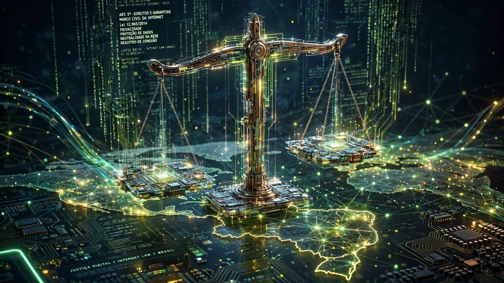 Ilustração conceitual de balança da justiça digital brilhando sobre fundo de redes conectadas e linhas de código de computador, representando as novas regras do Marco Civil da Internet.